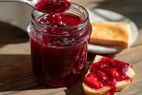 En sked med röd jordgubbssylt droppar ner i ett glasburk. En bit rostat bröd med sylt ligger bredvid. Perfekt för ett enkelt jordgubbssylt recept.