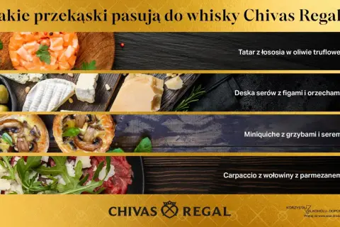 Tatar z łososia, deska serów, mini quiche z grzybami i carpaccio – oto propozycje, co jeść do whisky Chivas Regal.