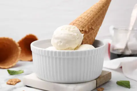 Schüssel mit cremigem Joghurteis, dazu Waffelhörnchen. Perfekt zum Joghurteis selber machen.