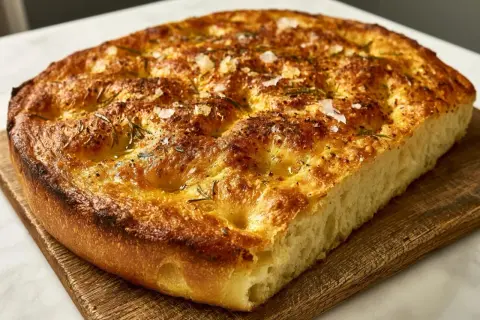 En gyllene, fluffig focaccia med rosmarin och flingsalt, perfekt för ditt nästa focaccia recept.