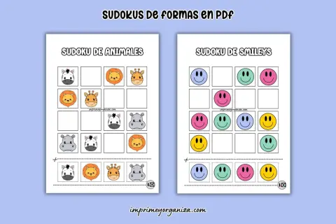 Sudoku para niños para imprimir con animales y caritas sonrientes. ¡Un divertido juego de lógica para descargar!