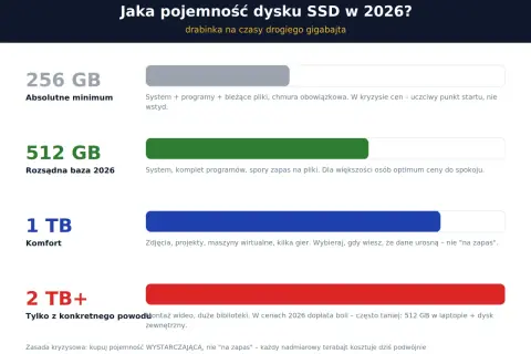 Test dysku SSD: 256 GB (minimum), 512 GB (rozsądnie), 1 TB (komfort), 2 TB+ (specjalne potrzeby). Wybierz mądrze!