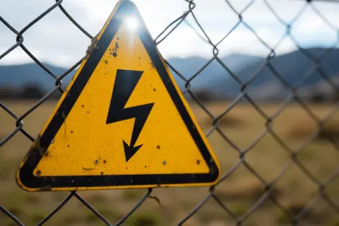 Gelbes Warnschild mit Blitzsymbol auf einem Maschendrahtzaun, das auf die Gefahren des elektrischen Stroms hinweist.