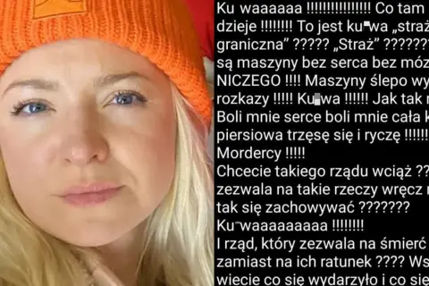 Kurdej Szatan mem: kobieta w pomarańczowej czapce z wyrazem twarzy pełnym emocji, obok tekst wyrażający oburzenie i ból.