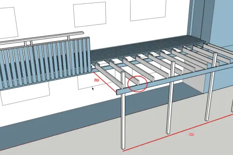 Plan för att bygga balkong på stolpar. En 6m lång och 2m djup konstruktion med räcke.