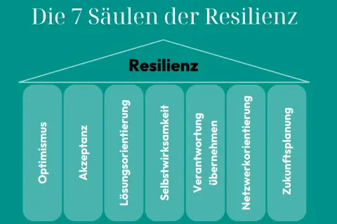 Die 7 Säulen der Resilienz: Optimismus, Akzeptanz, Lösungsorientierung, Selbstwirksamkeit, Verantwortung übernehmen, Netzwerkorientierung, Zukunftsplanung. So kann man Resilienz lernen.