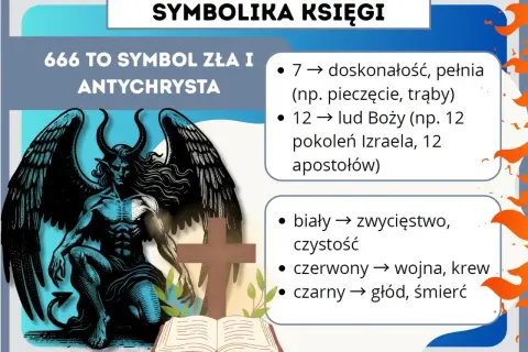 Symbolika liczby 7 w Biblii: doskonałość, pełnia. Obok demon, krzyż i otwarta księga. 666 to symbol zła.