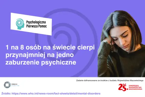 Młoda kobieta z ręką na czole, symbolizująca załamanie nerwowe. 1 na 8 osób na świecie cierpi na zaburzenia psychiczne.