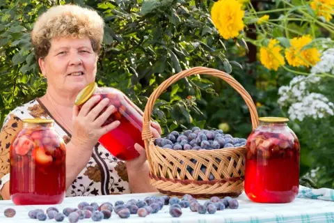 Starsza pani prezentuje domowy kompot ze śliwek, podkreślając jego zdrowotne właściwości. W tle kosz pełen śliwek i słoje z przetworami.
