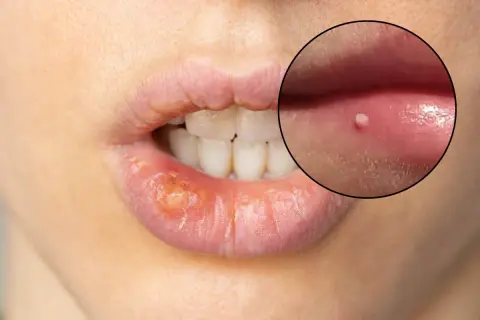 Ingrandimento di labbra con herpes e piccoli puntini bianchi.