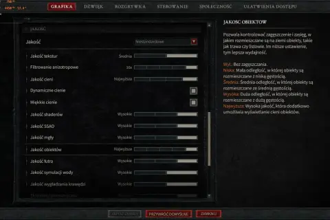 Ustawienia grafiki Diablo 4: Jakość obiektów na "Najwyższa" dla lepszych detali, ale może wpłynąć na wymagania sprzętowe.