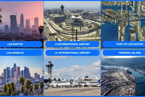 Widok na miasto Los Santos o zachodzie słońca, lotnisko, port i wyspę terminalową.