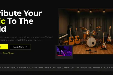 Learn how to copyright your music and distribute it globally. Image shows a music studio with instruments and DJ equipment.