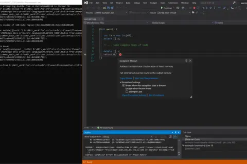 Erreur de double libération mémoire dans le code C++. L'outil Address Sanitizer détecte une tentative de libérer deux fois le même bloc mémoire.