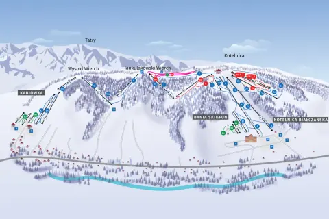 Mapa ośrodka narciarskiego Kotelnica Białczańska w Białce Tatrzańskiej. Widok z lotu ptaka na stoki, trasy narciarskie i infrastrukturę.