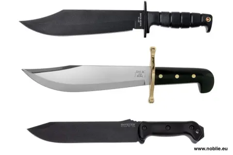 Tres cuchillos estilo Bowie: uno negro con "RAIDER BOWIE", uno plateado con "CASE XX BOWIE", y otro negro. Consulta el cuchillo bowie original precio.