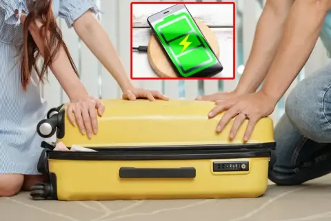 Para podróżnych zamyka żółtą walizkę. Telefon na ładowarce bezprzewodowej pokazuje pełną baterię, idealny na podróż z Wizzair, gdzie przyda się powerbank.