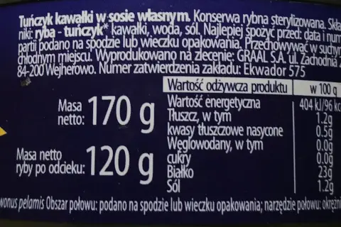 Tuńczyk w sosie własnym, 96 kcal na 100g. Konserwa rybna, masa netto 170g, ryby po odcieku 120g.