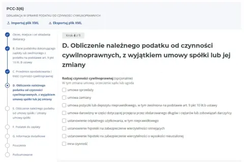 Formularz PCC-3(6) - krok 4 z 9. Obliczanie podatku od czynności cywilnoprawnych. Tu dowiesz się, jak zapłacić PCC-3 przez internet.
