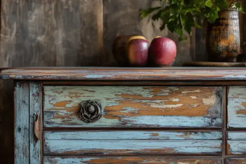 Commode ancienne avec un relook et patine bleu et bois, ornée de pommes et d'un vase.