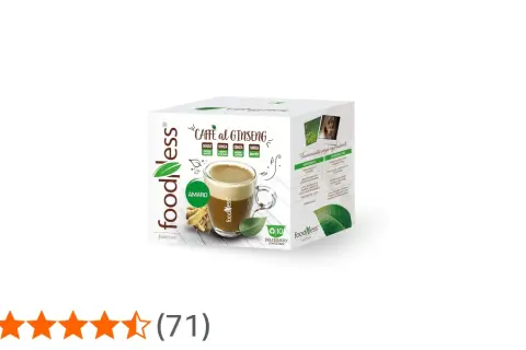 Scatola di caffè al ginseng Foodness, con tazza di bevanda e radici di ginseng. Illustra la differenza tra caffè e ginseng.