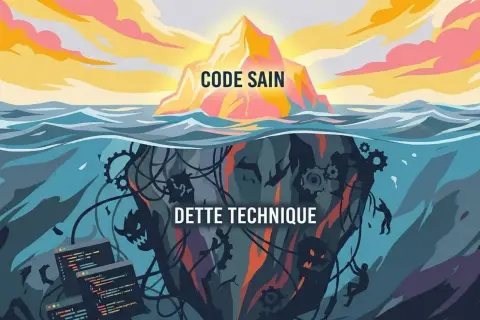 Iceberg : "Code Sain" au sommet, "Dette Technique" cachée sous l'eau avec des engrenages et des démons. Le stack web est complexe.