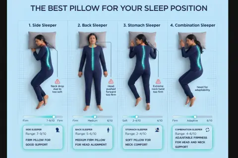 Pillow firmness scale for side, back, stomach, and combination sleepers. Ranges from soft to firm, with recommendations for each sleep position.