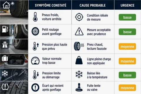 Tableau comparant les symptômes de pression des pneus, leurs causes probables et l'urgence. Une ligne indique "Pneu chaud, lecture faussée" pour une pression pneu à chaud.