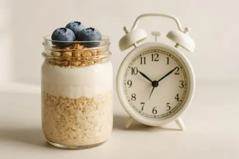 Barattolo con yogurt, mirtilli e fiocchi d'avena, accanto a una sveglia. La colazione è pronta!