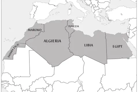 Mapa Afryki Północnej: Maroko, Algieria, Tunezja, Libia i Egipt. Egipt jaki kontynent, pokazuje jego położenie.
