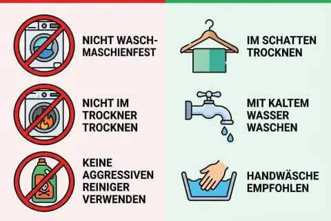So waschen Sie Ihren Anzug richtig: Nicht in der Maschine, nicht im Trockner, keine aggressiven Reiniger. Handwäsche mit kaltem Wasser und Schatten-Trocknung empfohlen.