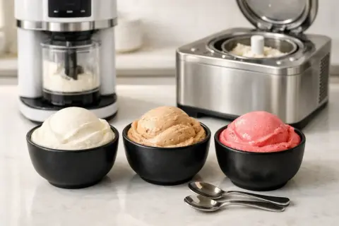 Drei Schalen mit cremigem Eis: Vanille, Karamell und Erdbeere. Daneben Eismaschinen, die den perfekten Eis bindemittel-Genuss versprechen.