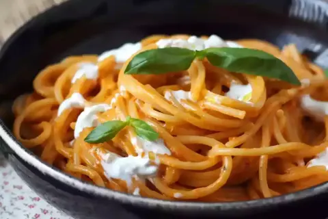 Spaghetti med krämig tomatsås och burrata, toppad med färsk basilika. En härlig pasta burrata-rätt.