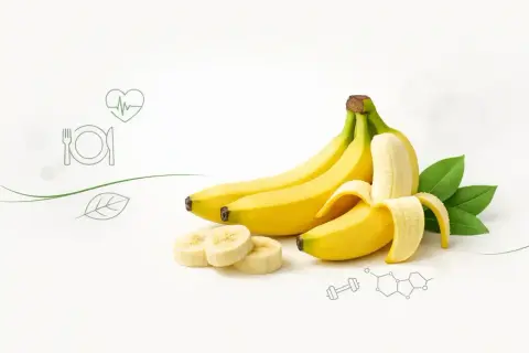 Banan, źródło witamin, prezentuje swoje bogactwo. Obok leżą plasterki i liście, a w tle symbole zdrowia i nauki.