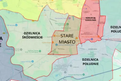 Mapa administracyjna Tarnowa z zaznaczonymi dzielnicami: Śródmieście, Stare Miasto, Osiedlowa, Południe. Widać też fragmenty Mielca.