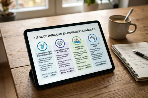 Tablet muestra tipos de humedad en hogares españoles: condensación, filtración, capilar y fugas de agua. Guía para saber cómo eliminar la humedad que brota del suelo.