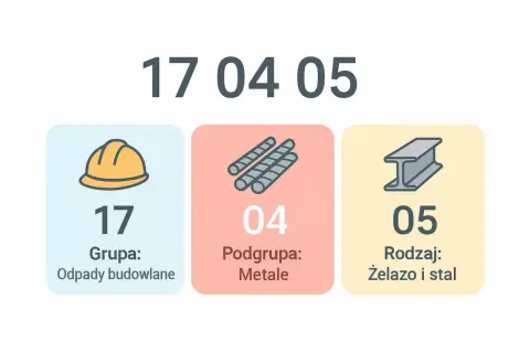 Kod zawodu pracownika budowlanego: 17-04-05. Grupa: Odpady budowlane, Podgrupa: Metale, Rodzaj: Żelazo i stal.