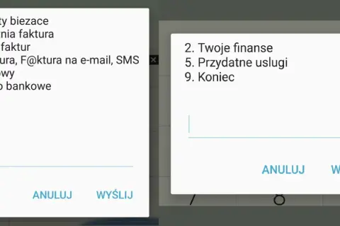 Dwa okna dialogowe z listami opcji, np. "Koszty bieżące", "Twoje finanse", "Konto bankowe".