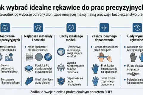 Poradnik o tym, jak dobrać idealne rękawice robocze, uwzględniający zastosowanie, materiały, cechy, dopasowanie i moment wymiany.