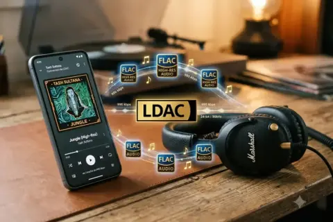 Telefon z muzyką w formacie FLAC połączony przez LDAC z słuchawkami Marshall. Ciesz się wysoką jakością dźwięku.