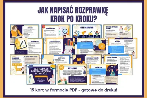 Zestaw 15 kart PDF "Jak napisać rozprawkę krok po kroku?". Dowiedz się, co to jest rozprawka i jak ją tworzyć.