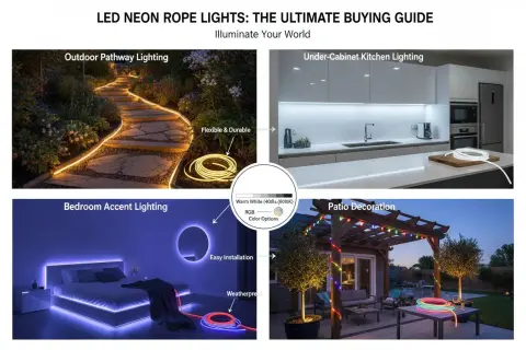 Ścieżka w ogrodzie oświetlona taśmą LED neon, kuchnia z oświetleniem pod szafkami, sypialnia z neonowym akcentem, patio z kolorową taśmą LED neon.