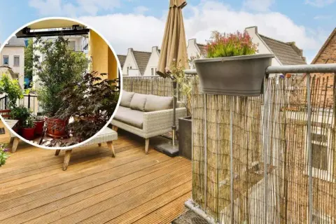 Disfruta de la intimidad en esta terraza ático con muebles cómodos y vegetación exuberante.