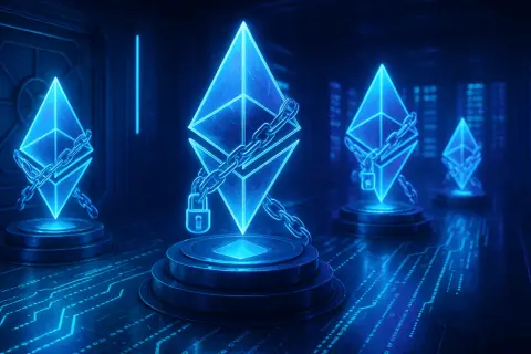 Neonowe symbole Ethereum, spięte łańcuchami z kłódkami, stoją na piedestałach w futurystycznym, niebieskim wnętrzu. To wizualizacja bezpieczeństwa w ethereum pool co.