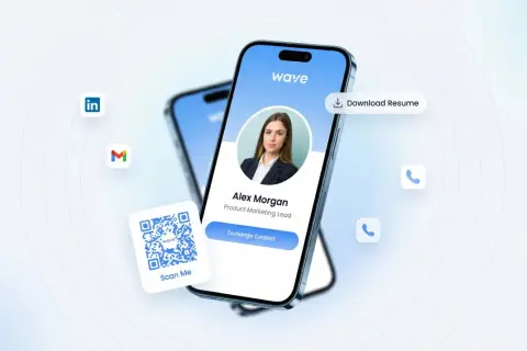 Learn how to make a digital business card with this visual guide. A smartphone displays a profile with contact options, a QR code, and social media icons.