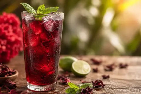 Verre de bissap, boisson rafraîchissante à base d'hibiscus, garni de menthe. La recette sénégalaise parfaite pour se désaltérer.