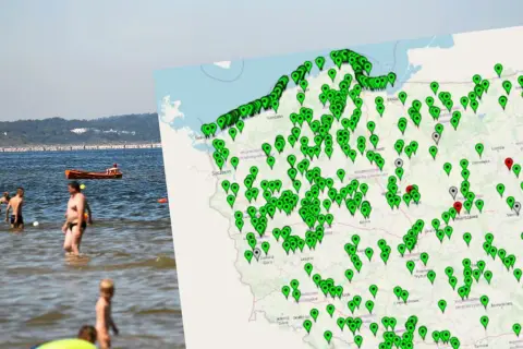 Mapa z zaznaczonymi miejscami kąpielowymi, gdzie mogą występować sinice bałtyk. Ludzie kąpią się w morzu.