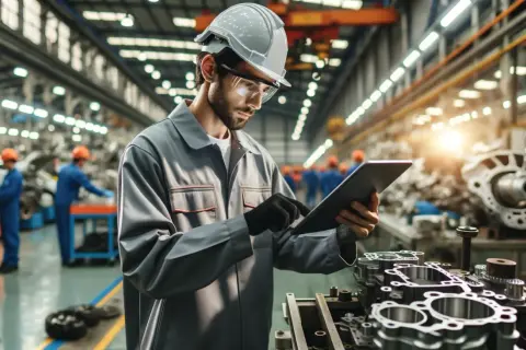 Inżynier w kasku i okularach ochronnych sprawdza tablet na tle hali produkcyjnej z częściami maszyn.