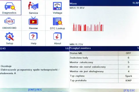 Ekran diagnostyczny Opla Astry K. Widoczny kod błędu P0243 i statusy monitorów. Możliwe kasowanie inspekcji astra k.