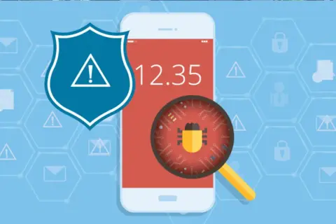 Ochrona telefonu z Androidem przed zagrożeniami. Pod lupą widać wirusa, a obok symbol tarczy.